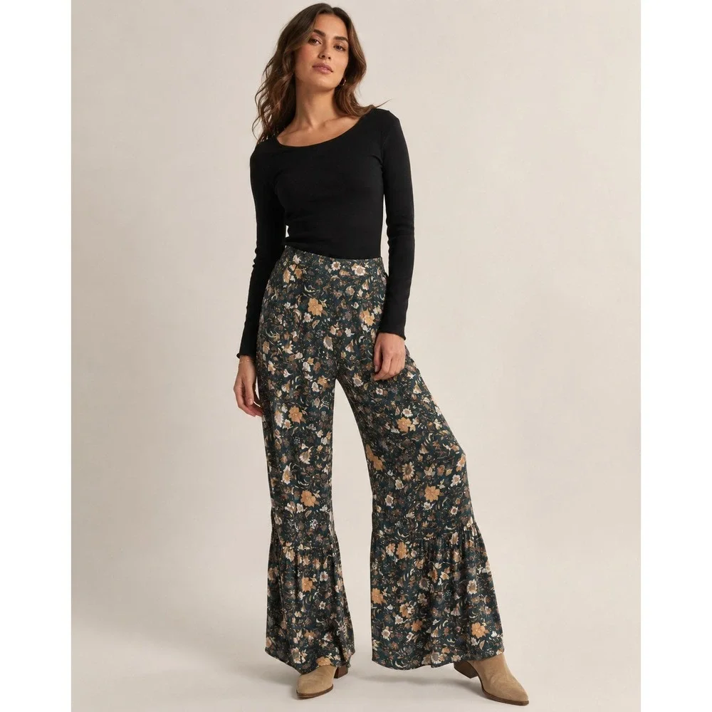 Easel Wide Leg Ruffle Pull On Elastic Waist Pant Floral Small Boho Beachy Resort - Picture 1 of 16